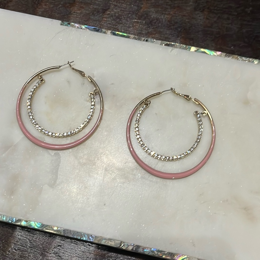 Charming Charlie Pink & Rhinestone big hoop pierced earrings